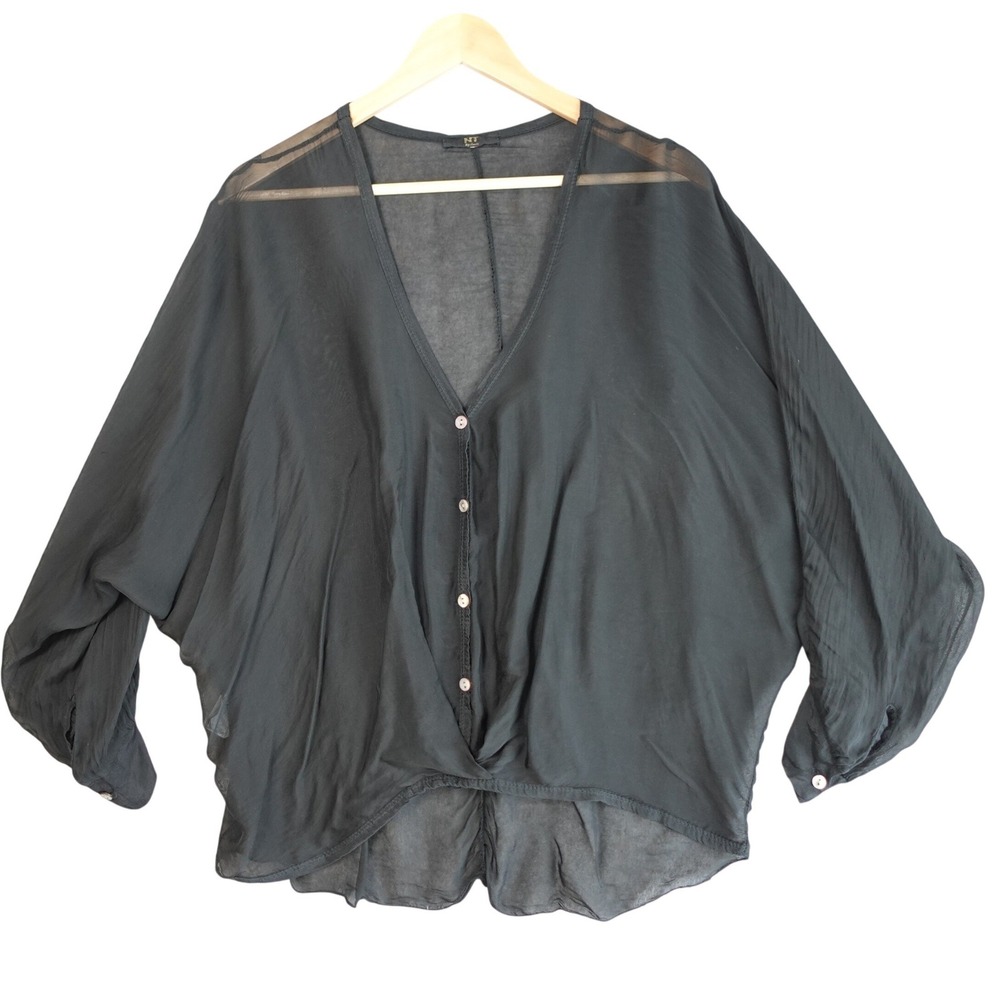 NT by Amati Top Womens O/S Black Silk Button Front Batwing‎ Sheer Minimal Italy